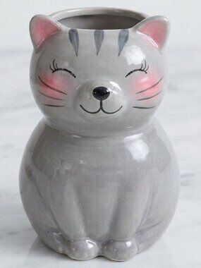 Hazel & Co. Gray Cat Ceramic Planter / Vase – Cute Kitty Decor